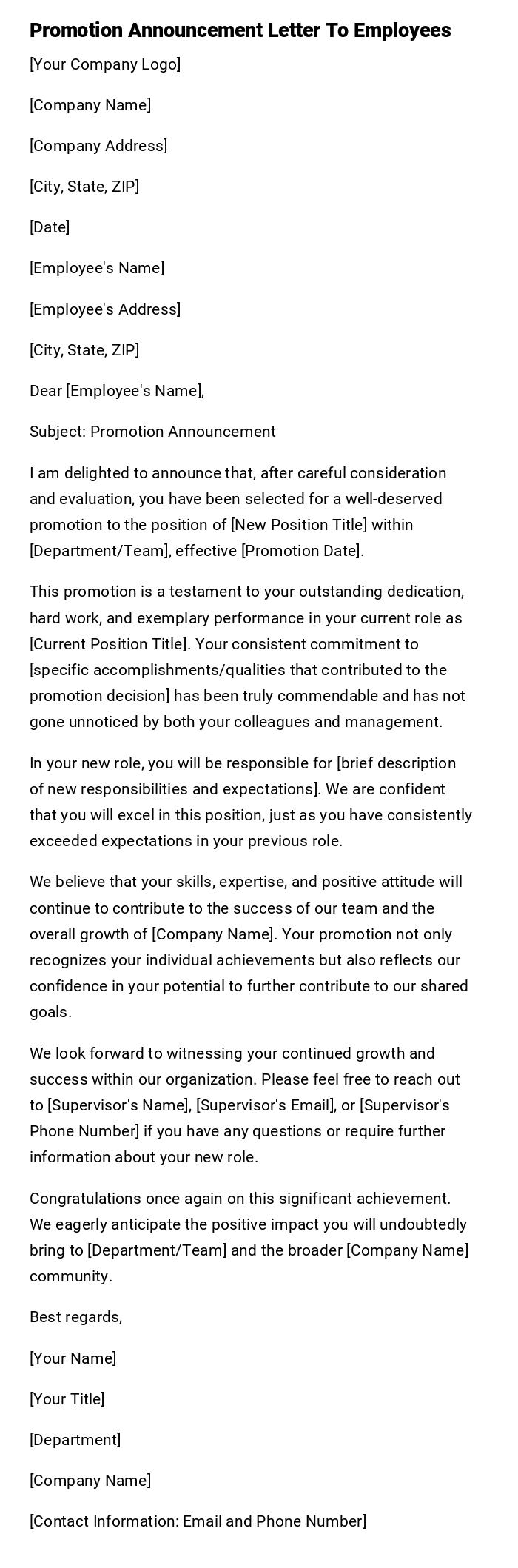 Promotion Announcement Letter To Employees