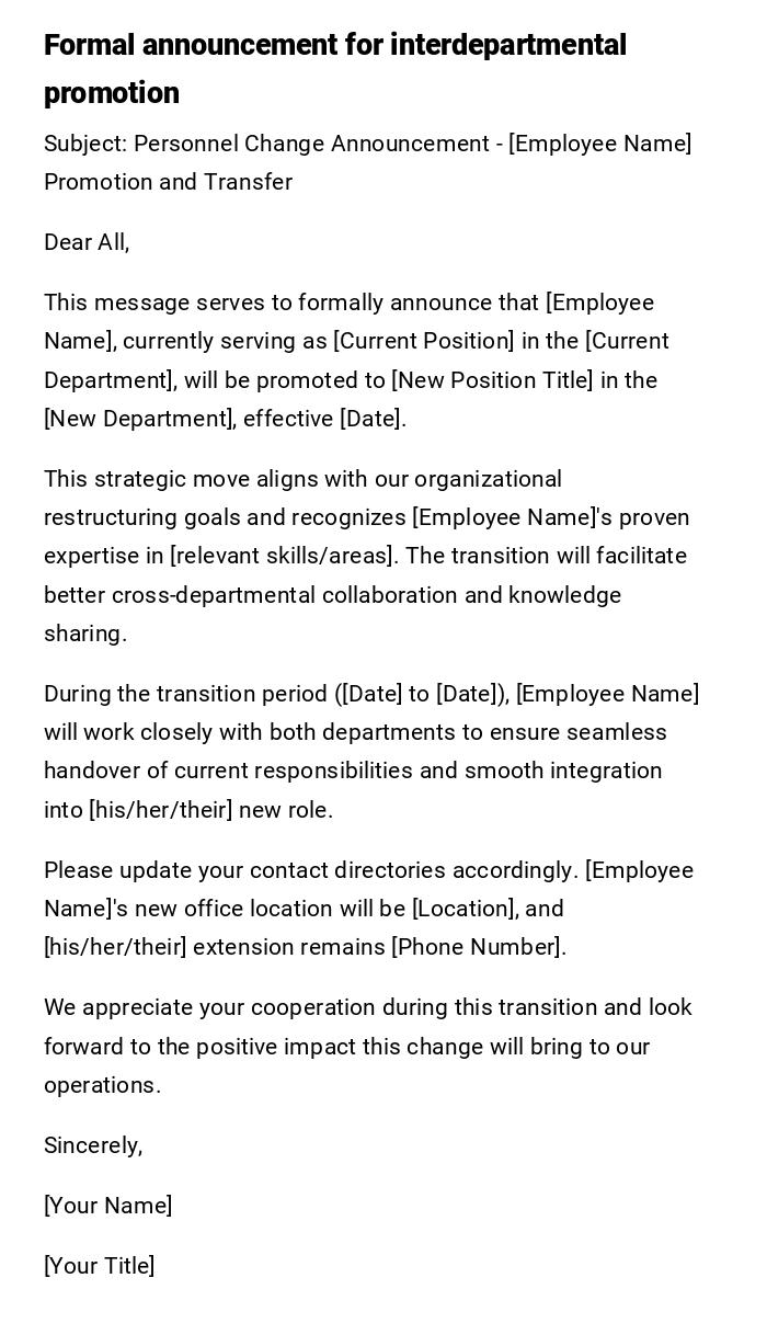 Formal announcement for interdepartmental promotion Formal announcement for interdepartmental promotion