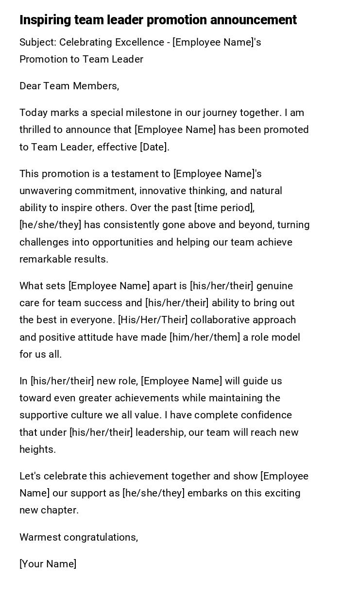Inspiring team leader promotion announcement Inspiring team leader promotion announcement
