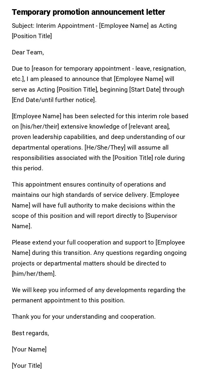Temporary promotion announcement letter Temporary promotion announcement letter