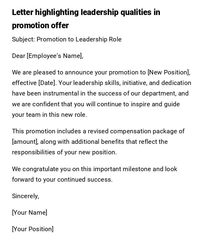 Letter highlighting leadership qualities in promotion offer Letter highlighting leadership qualities in promotion offer