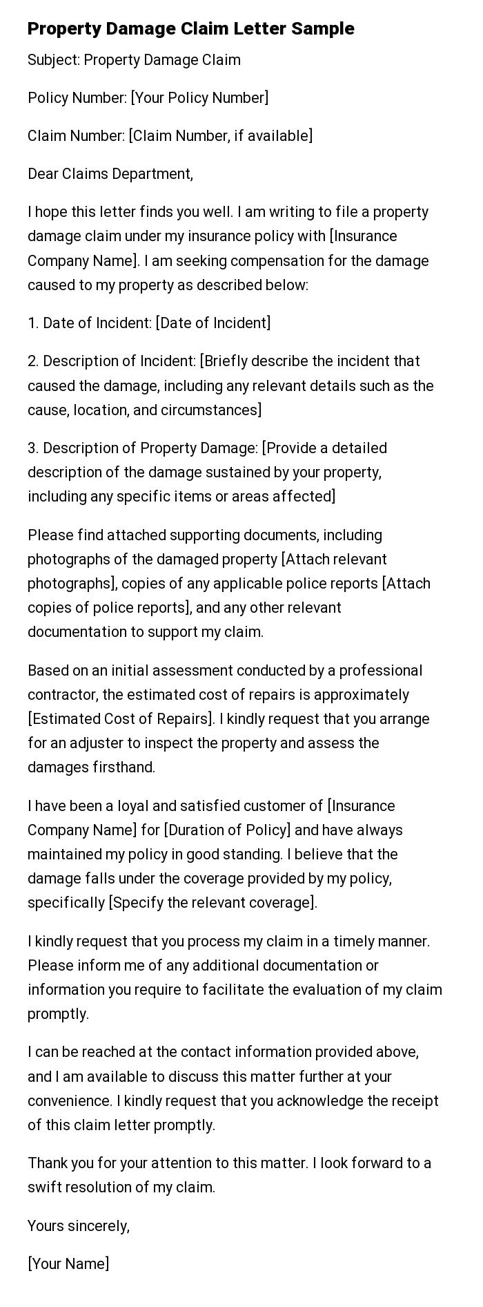 Property Damage Claim Letter Sample