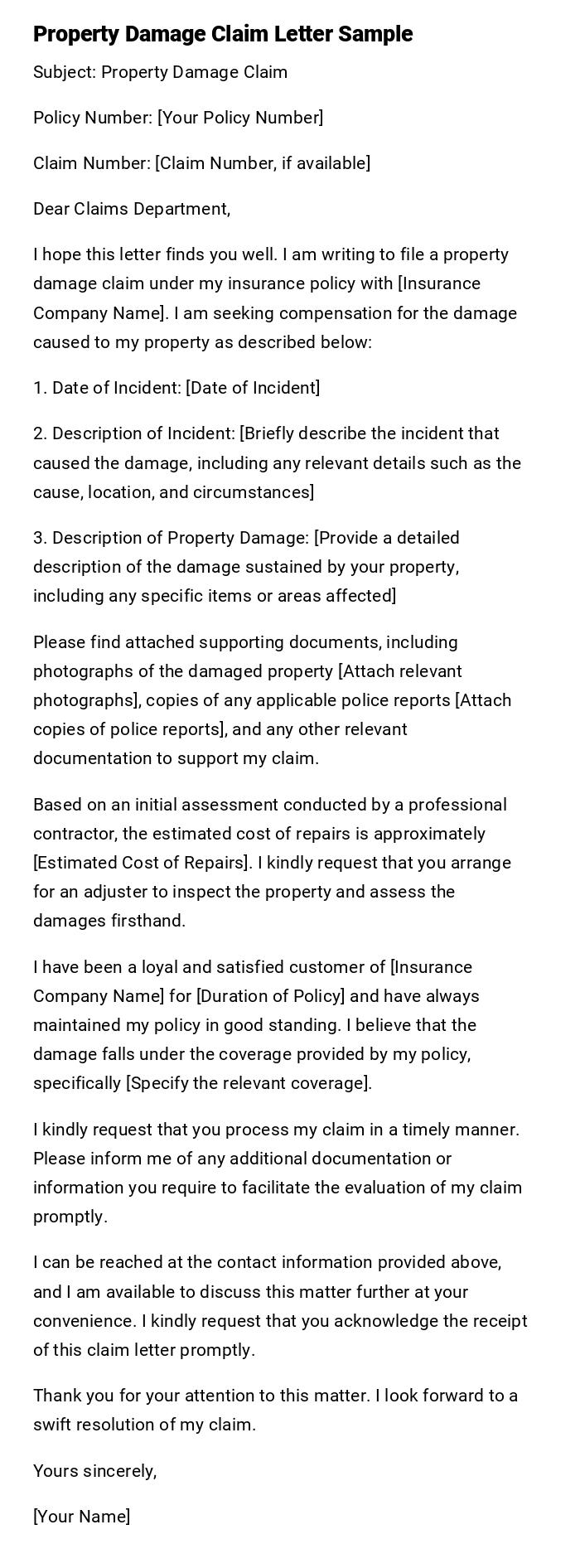 Property Damage Claim Letter Sample