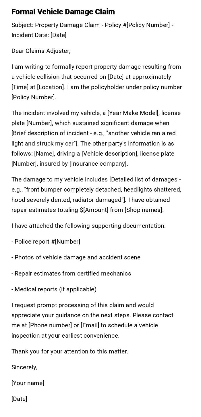 Formal Vehicle Damage Claim Formal Vehicle Damage Claim