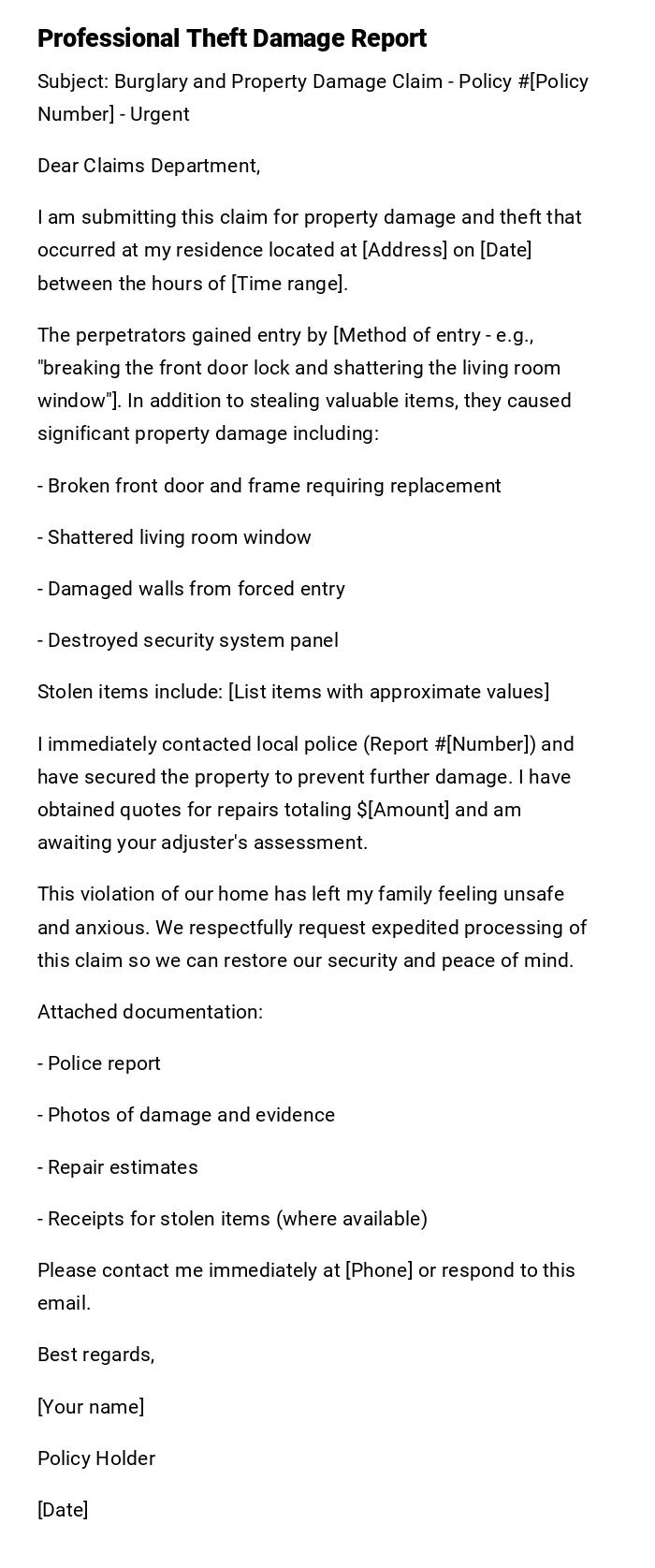 Professional Theft Damage Report Professional Theft Damage Report