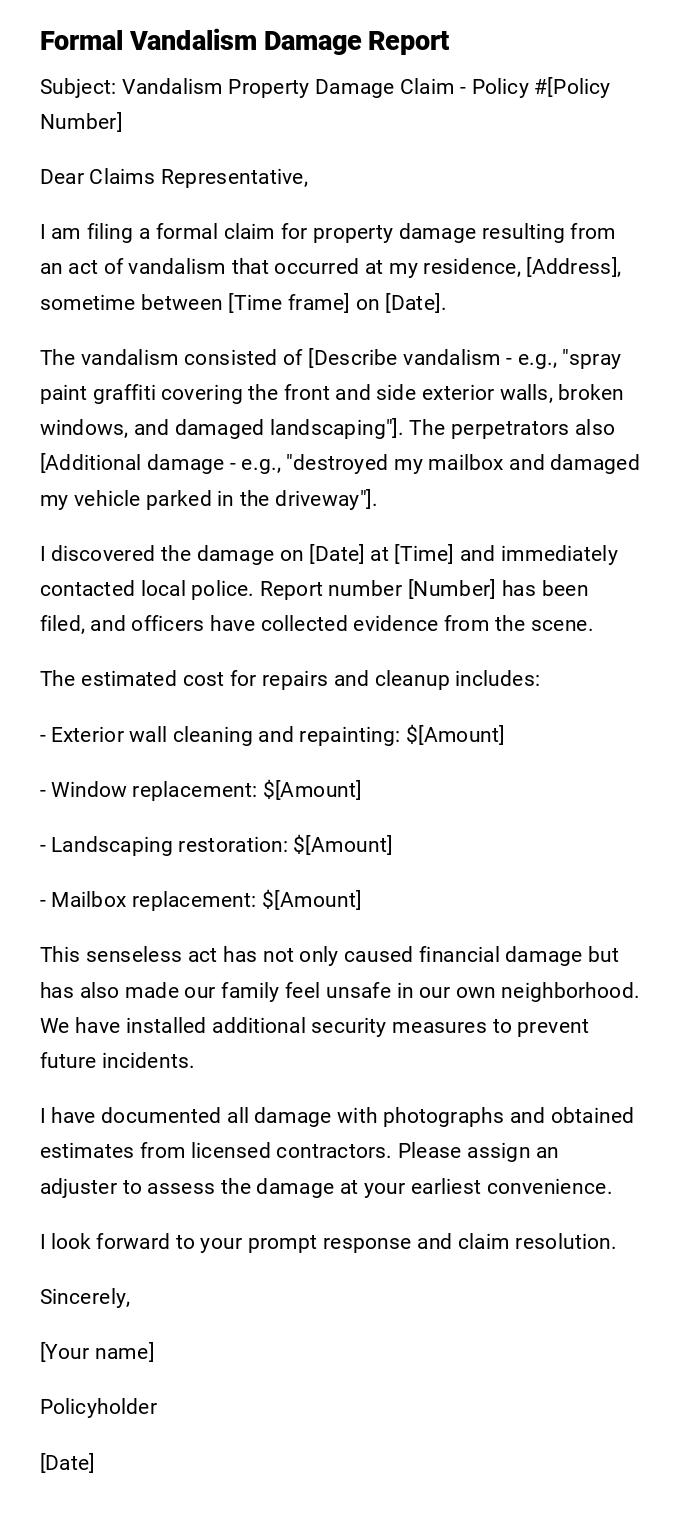 Formal Vandalism Damage Report Formal Vandalism Damage Report