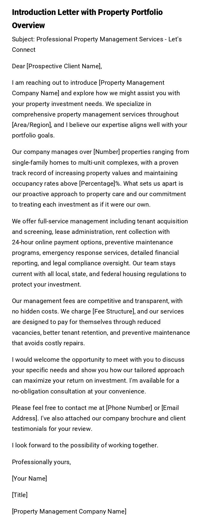 Introduction Letter with Property Portfolio Overview Introduction Letter with Property Portfolio Overview