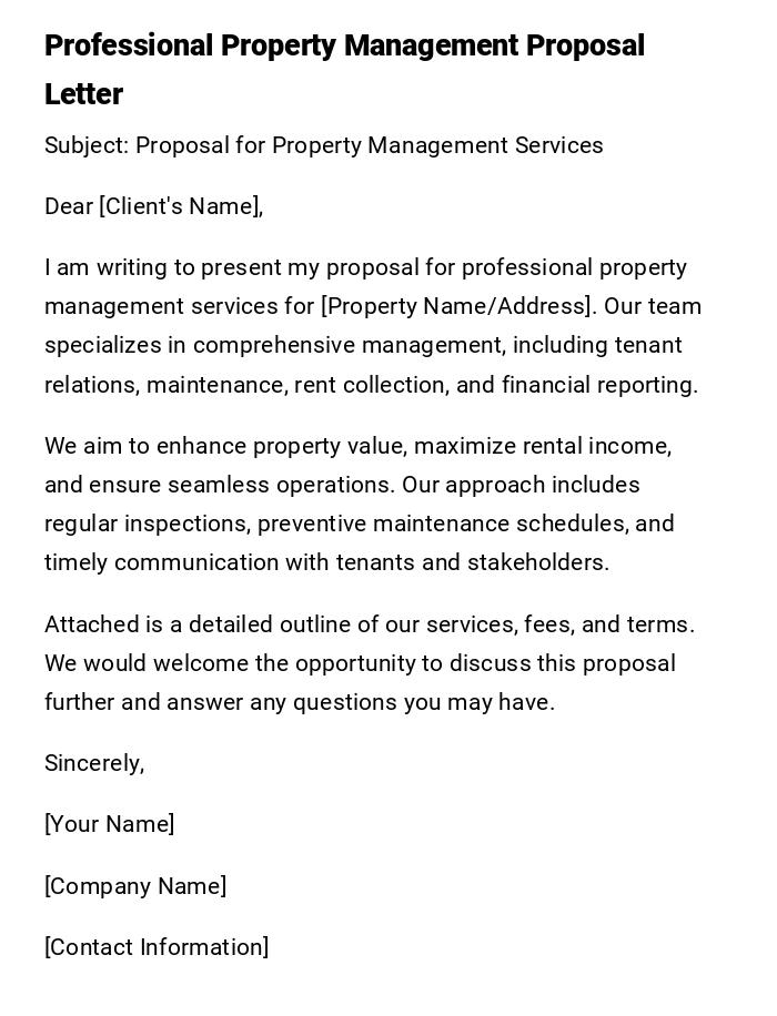 Professional Property Management Proposal Letter Professional Property Management Proposal Letter