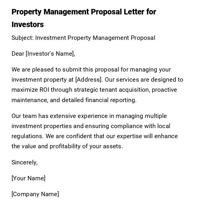 Property Management Proposal Letter for Investors Property Management Proposal Letter for Investors
