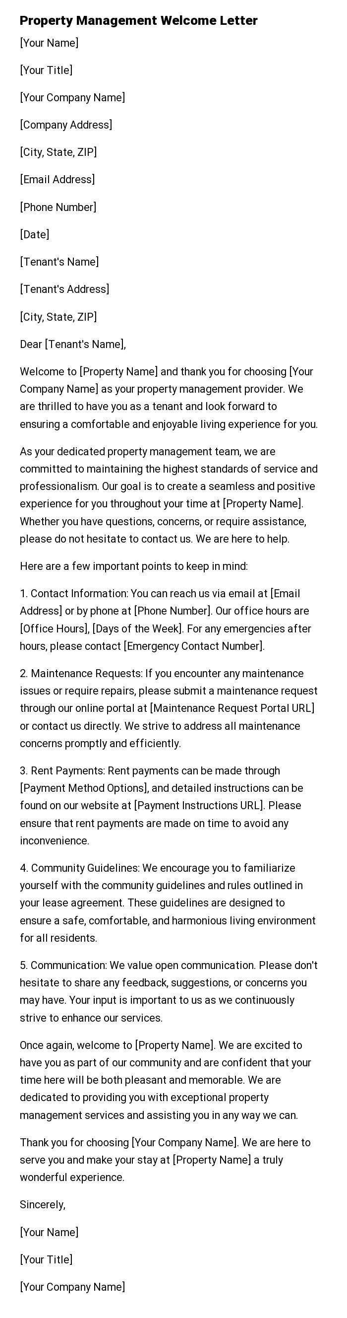 Property Management Welcome Letter