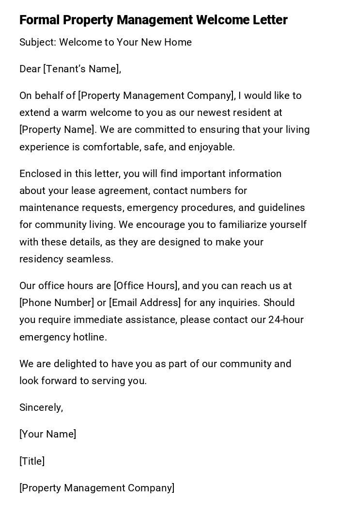 Formal Property Management Welcome Letter Formal Property Management Welcome Letter