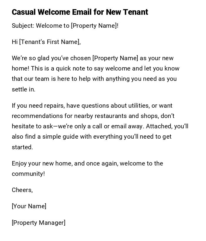 Casual Welcome Email for New Tenant Casual Welcome Email for New Tenant