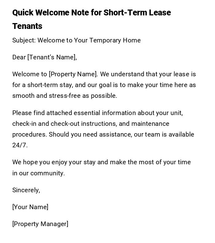 Quick Welcome Note for Short-Term Lease Tenants Quick Welcome Note for Short-Term Lease Tenants