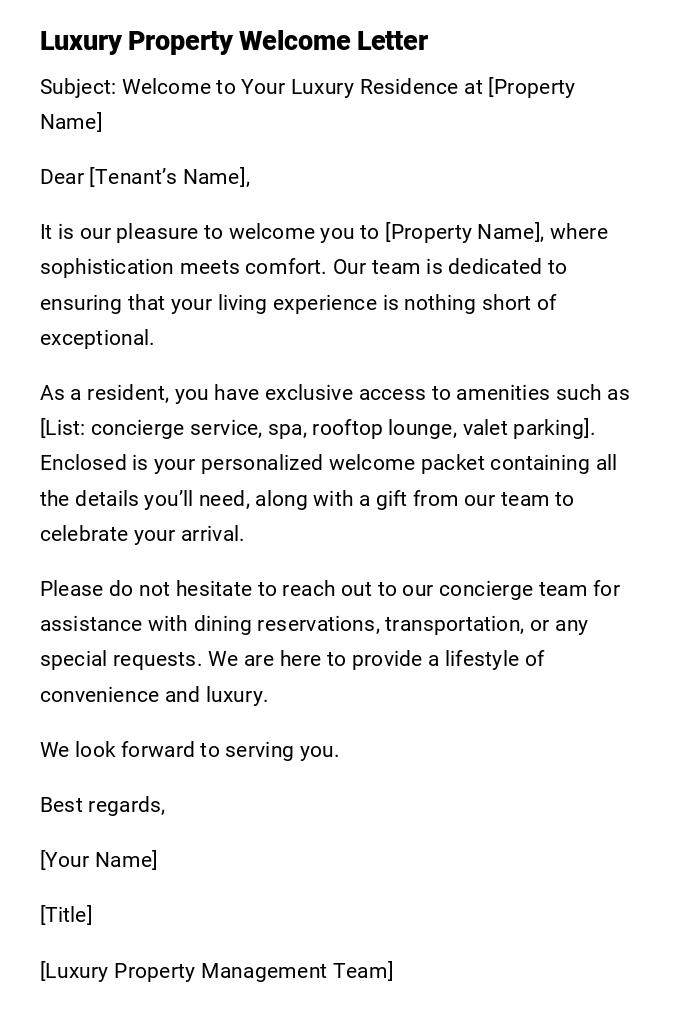 Luxury Property Welcome Letter Luxury Property Welcome Letter