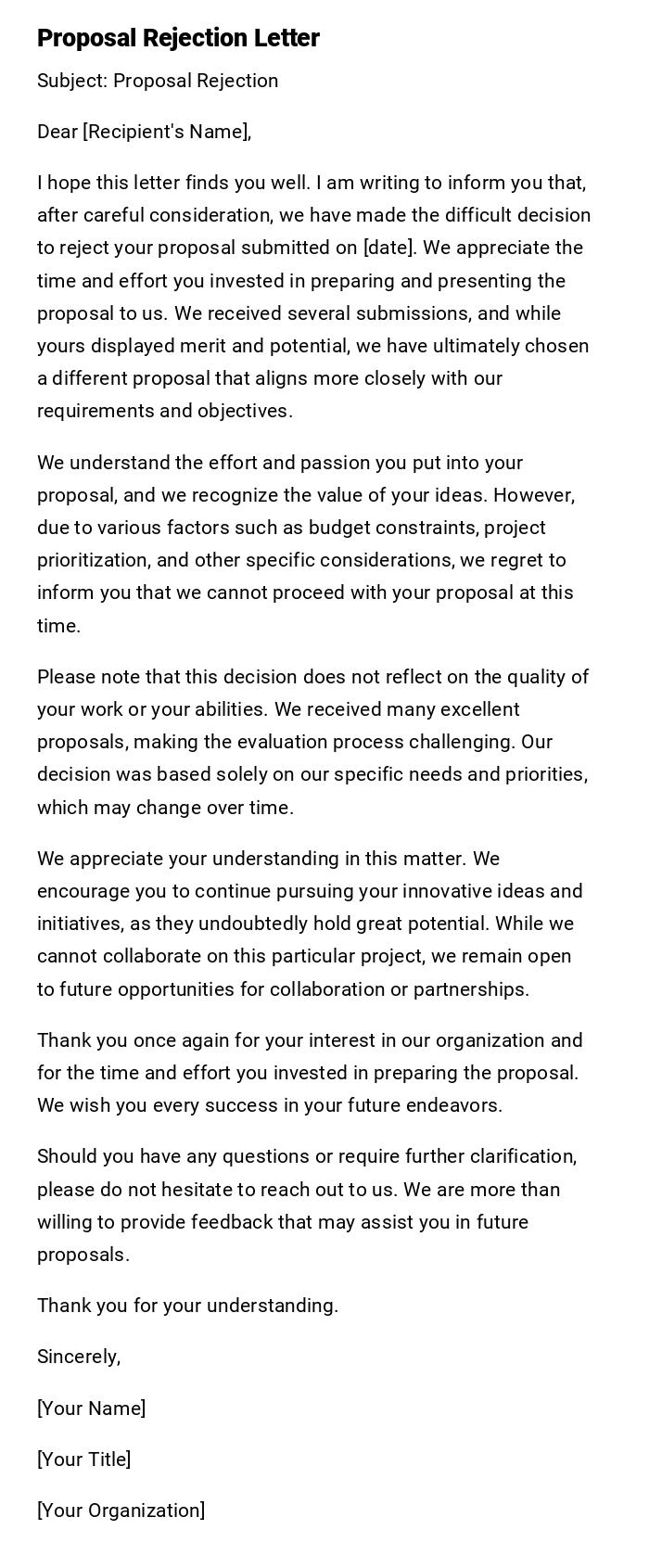 Proposal Rejection Letter