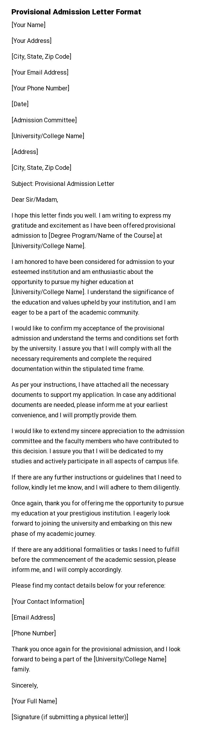 Provisional Admission Letter Format