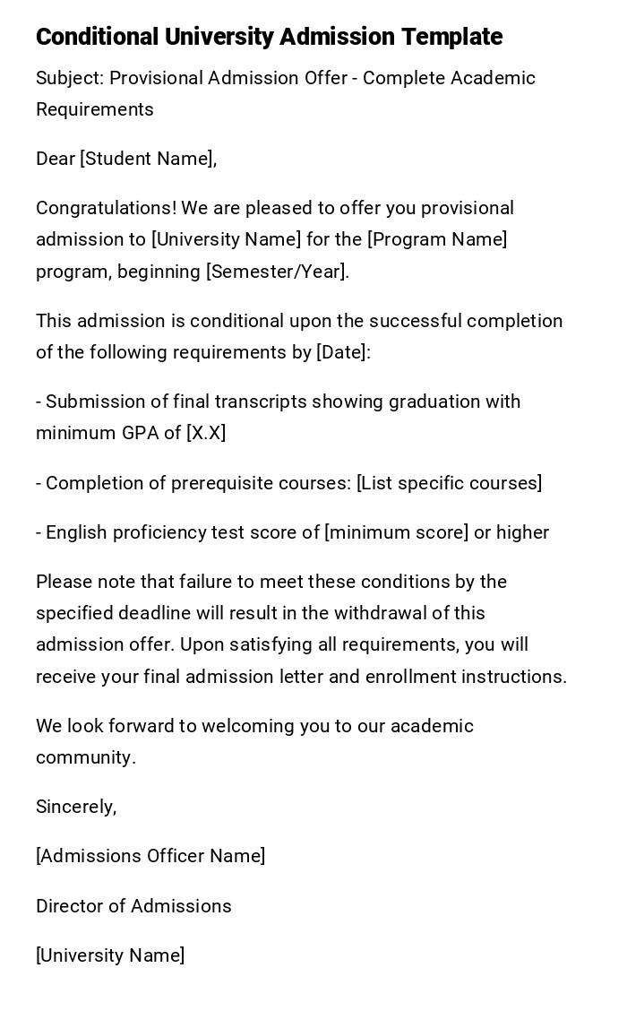 Conditional University Admission Template Conditional University Admission Template