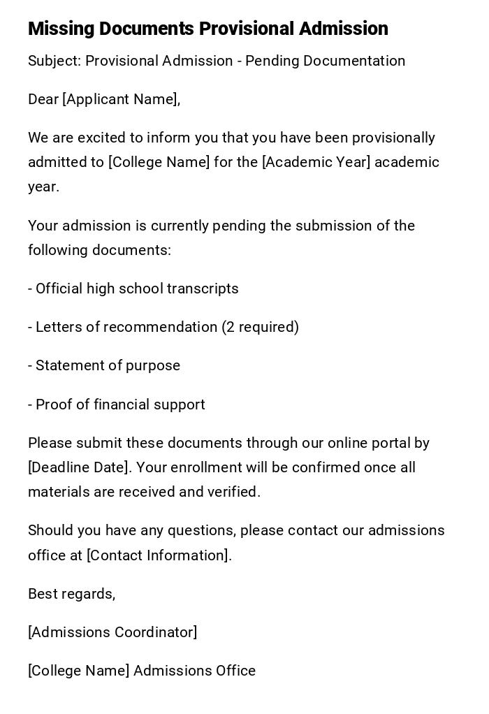 Missing Documents Provisional Admission Missing Documents Provisional Admission