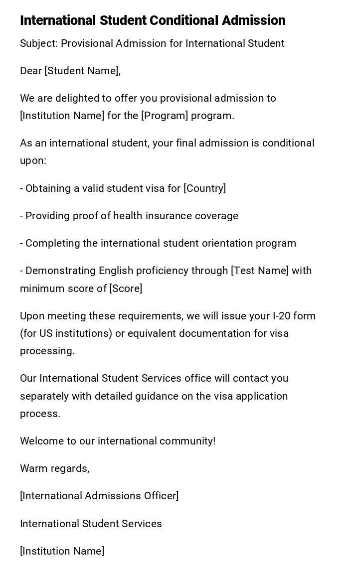 International Student Conditional Admission International Student Conditional Admission