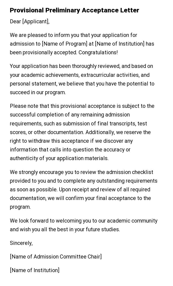 Provisional Preliminary Acceptance Letter