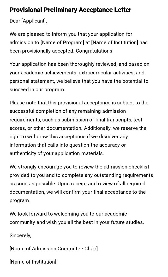 Provisional Preliminary Acceptance Letter