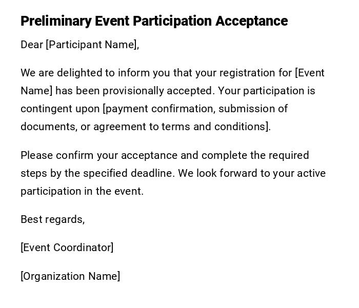 Preliminary Event Participation Acceptance Preliminary Event Participation Acceptance