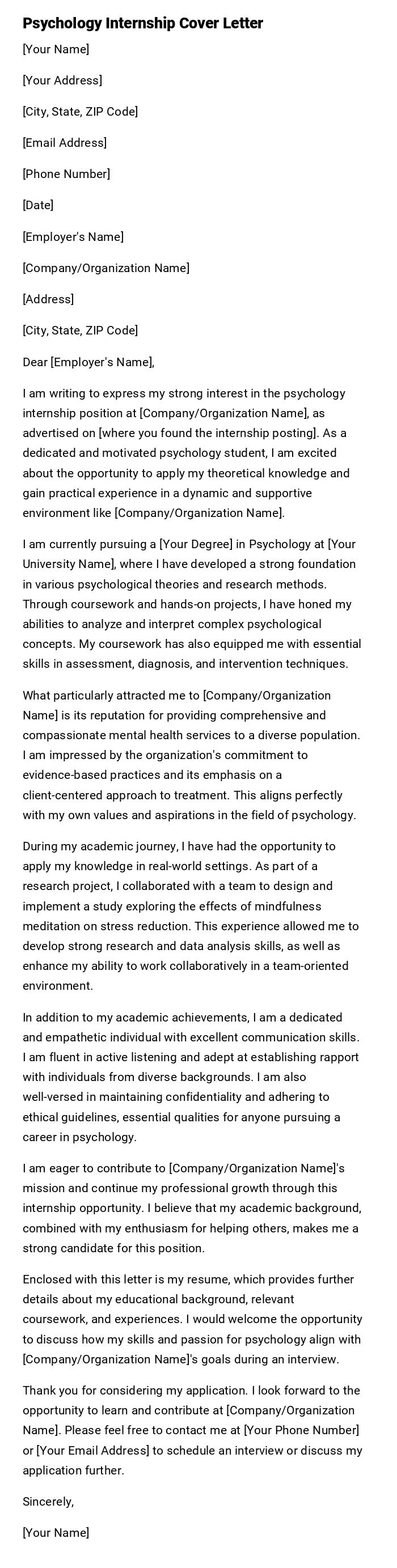 Psychology Internship Cover Letter