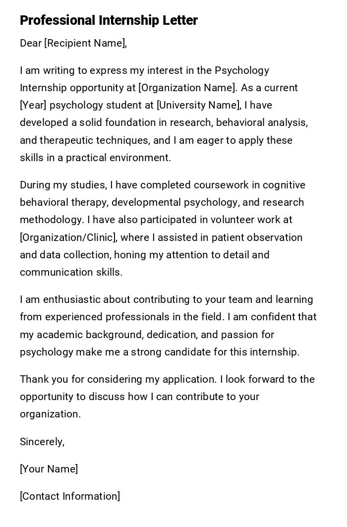 Professional Internship Letter Professional Internship Letter