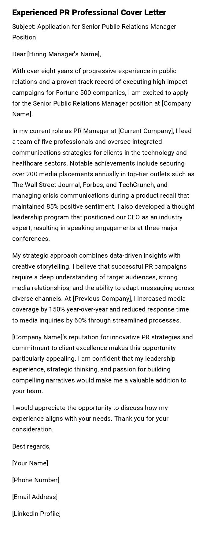 Experienced PR Professional Cover Letter Experienced PR Professional Cover Letter