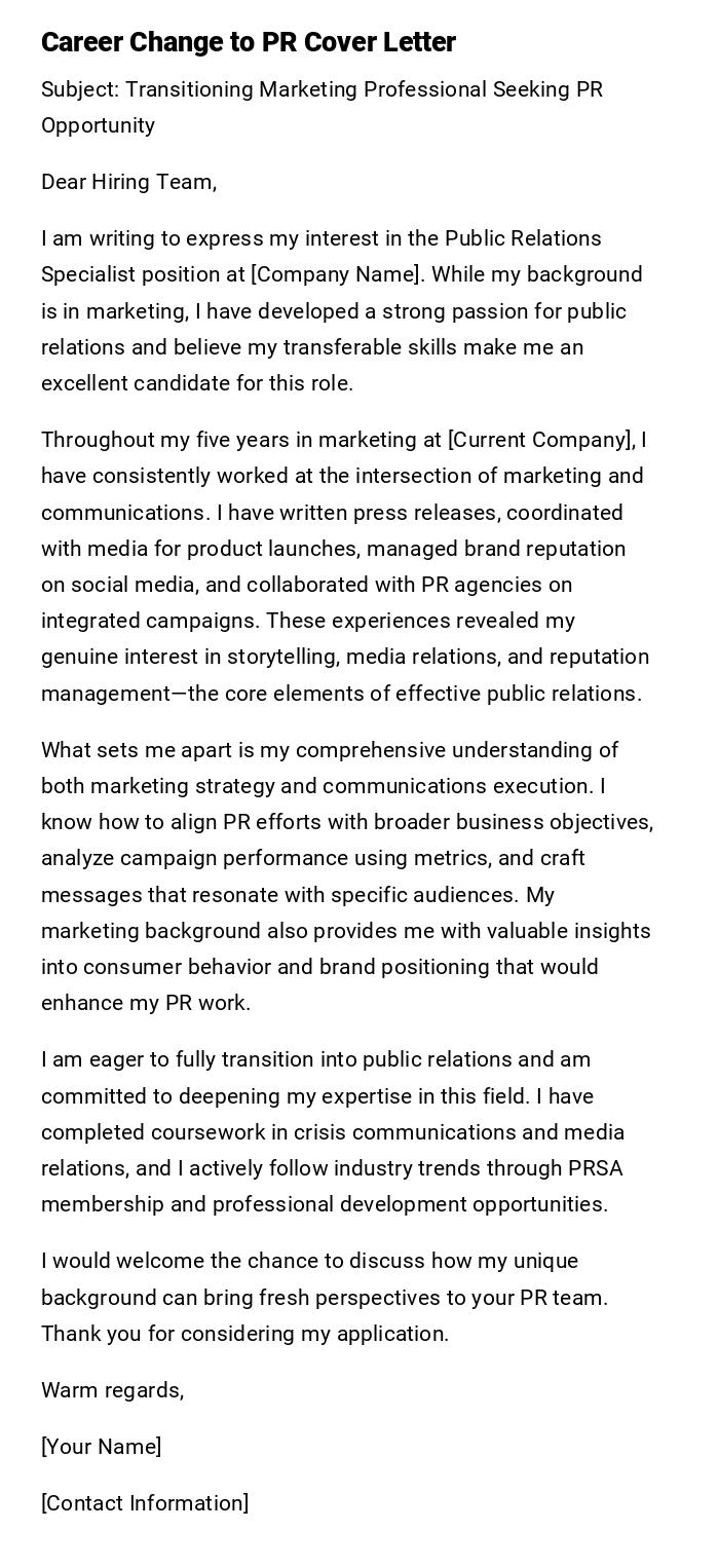 Career Change to PR Cover Letter Career Change to PR Cover Letter