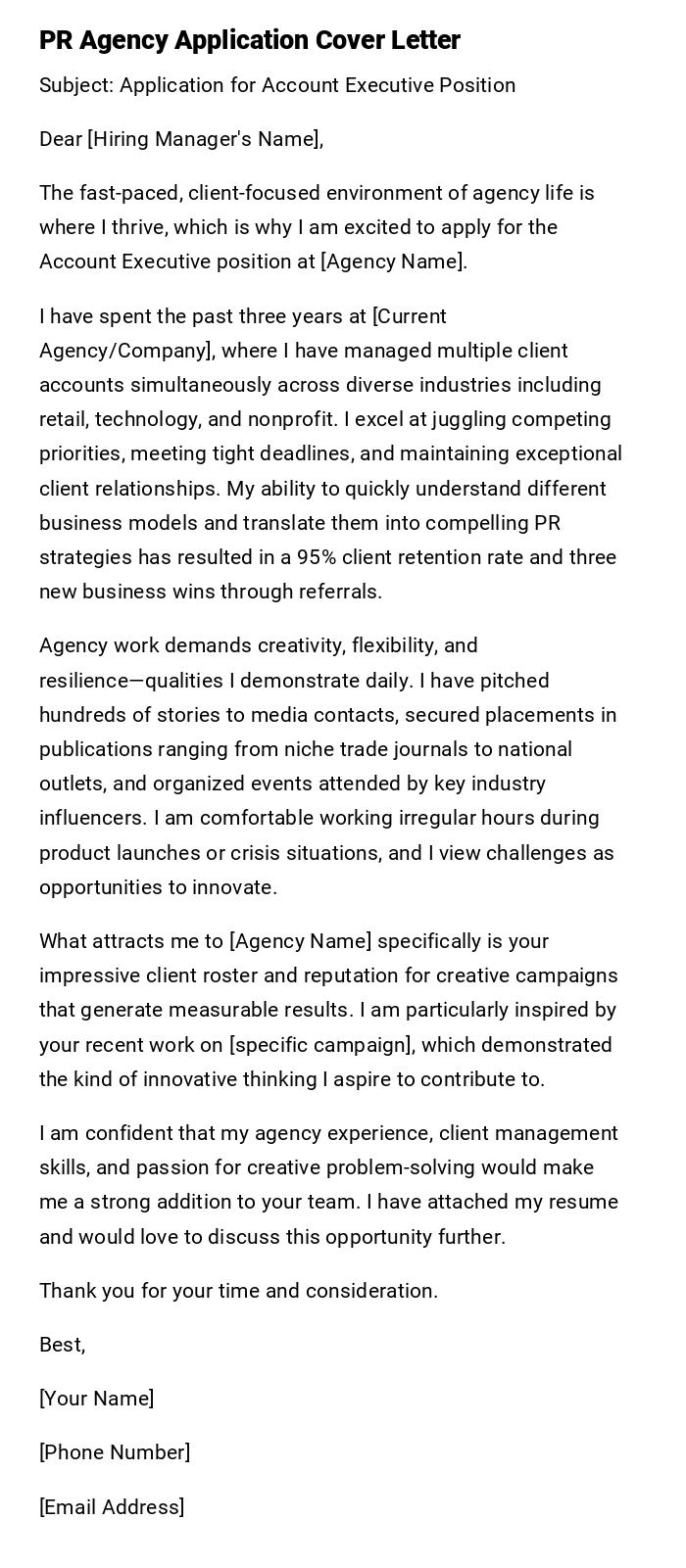 PR Agency Application Cover Letter PR Agency Application Cover Letter