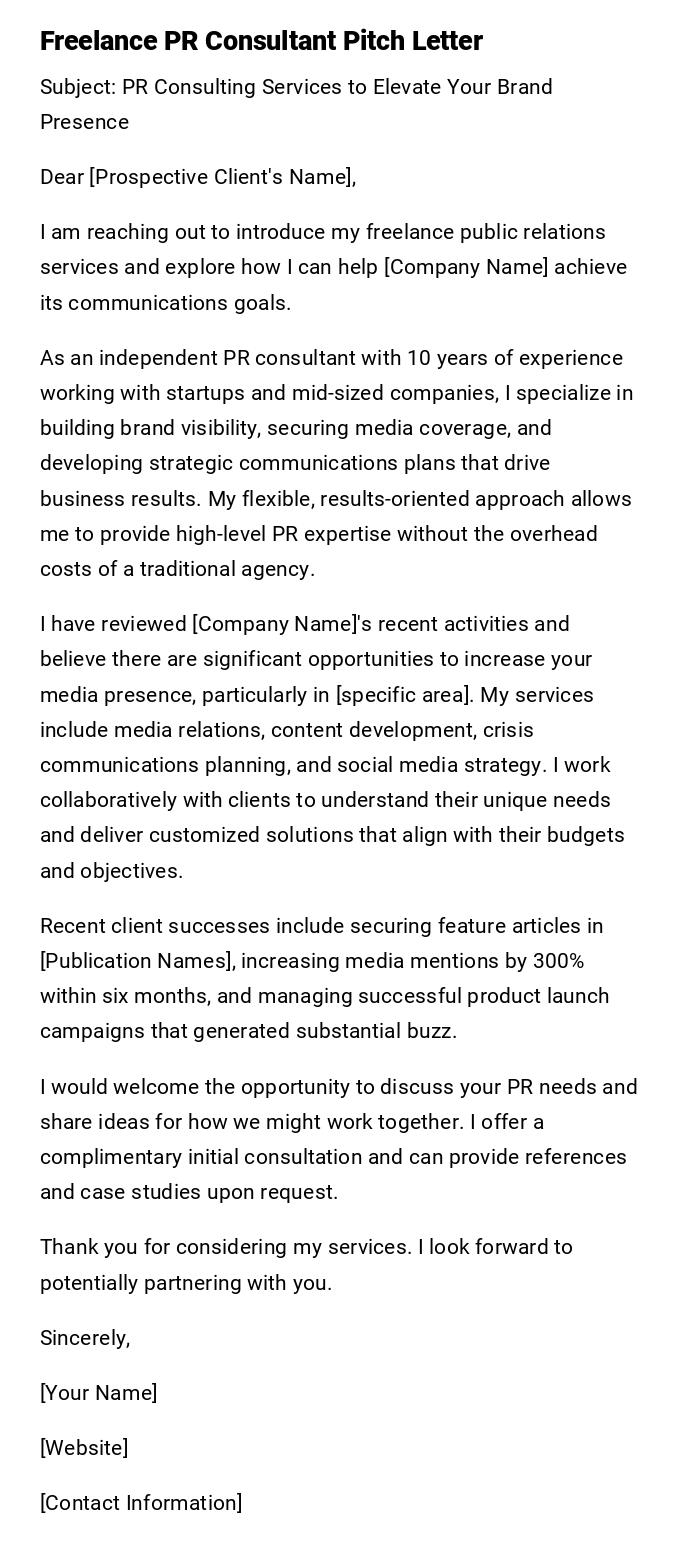 Freelance PR Consultant Pitch Letter Freelance PR Consultant Pitch Letter