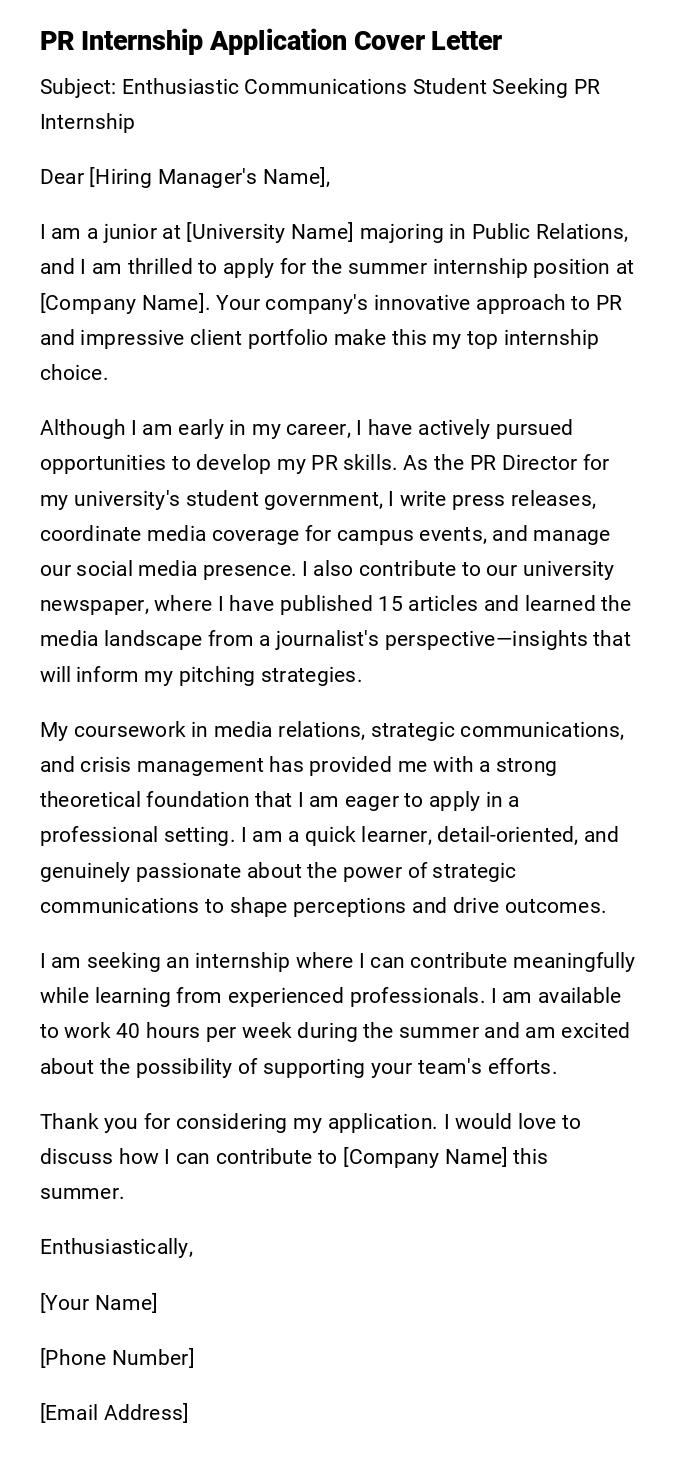 PR Internship Application Cover Letter PR Internship Application Cover Letter