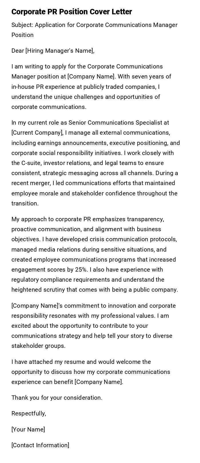 Corporate PR Position Cover Letter Corporate PR Position Cover Letter