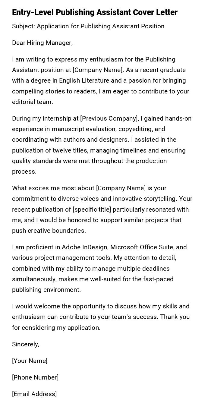 Entry-Level Publishing Assistant Cover Letter Entry-Level Publishing Assistant Cover Letter
