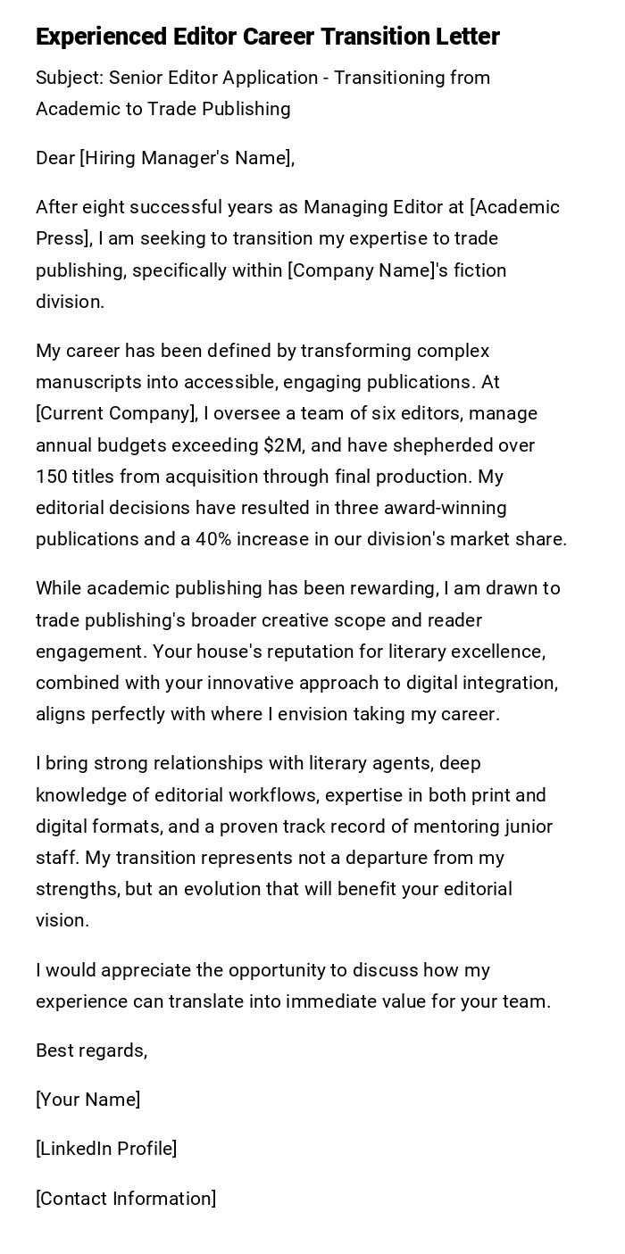 Experienced Editor Career Transition Letter Experienced Editor Career Transition Letter