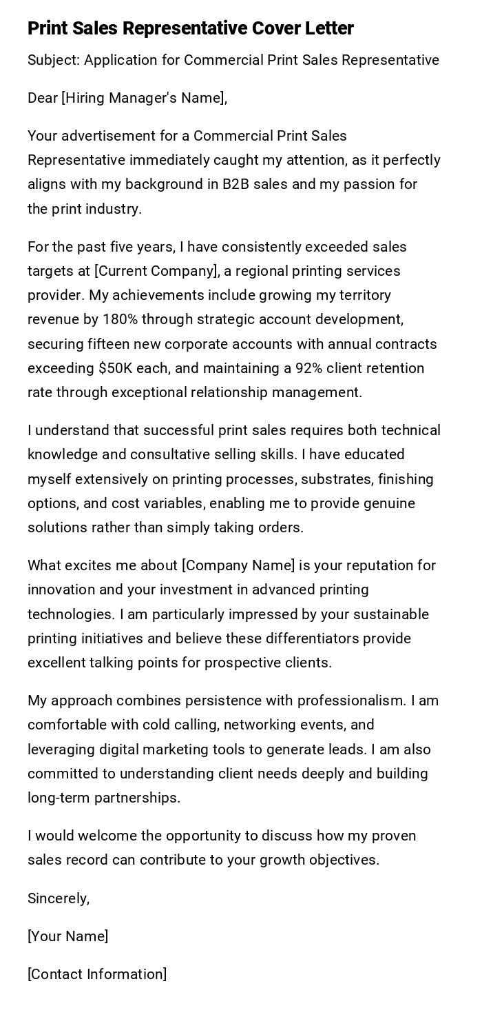 Print Sales Representative Cover Letter Print Sales Representative Cover Letter