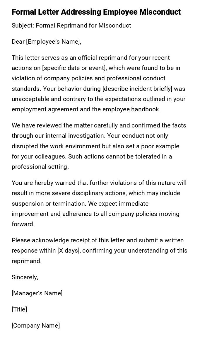 Formal Letter Addressing Employee Misconduct Formal Letter Addressing Employee Misconduct