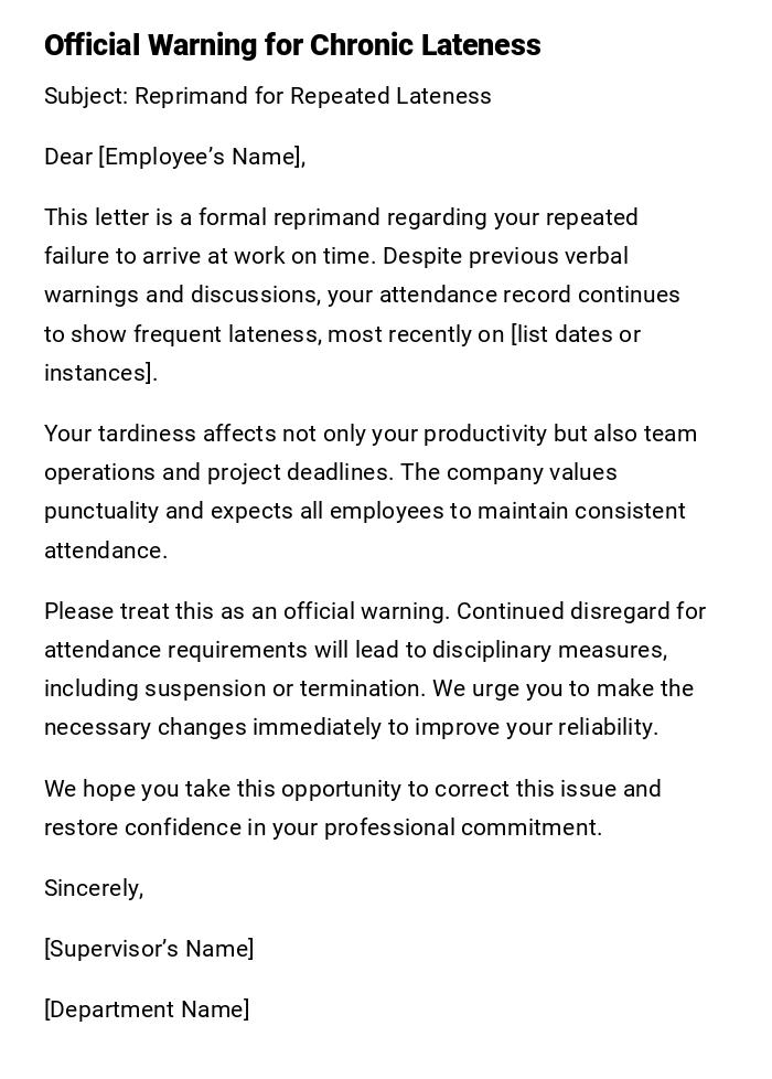 Official Warning for Chronic Lateness Official Warning for Chronic Lateness