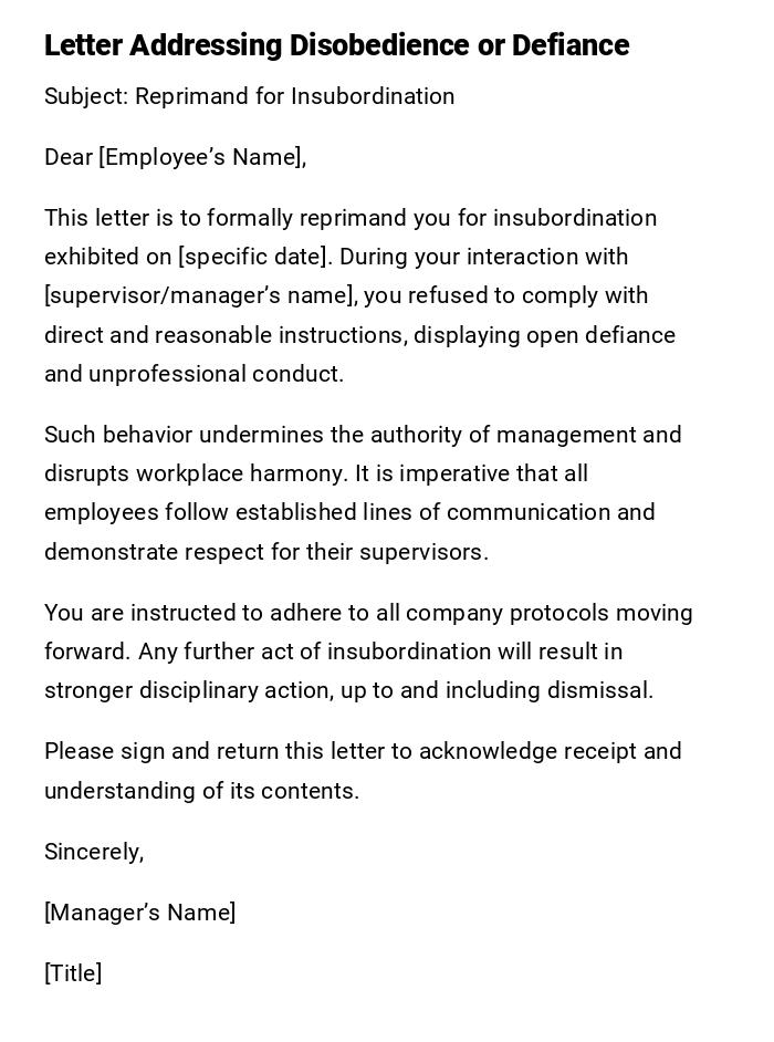 Letter Addressing Disobedience or Defiance Letter Addressing Disobedience or Defiance