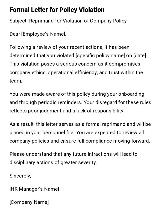 Formal Letter for Policy Violation Formal Letter for Policy Violation