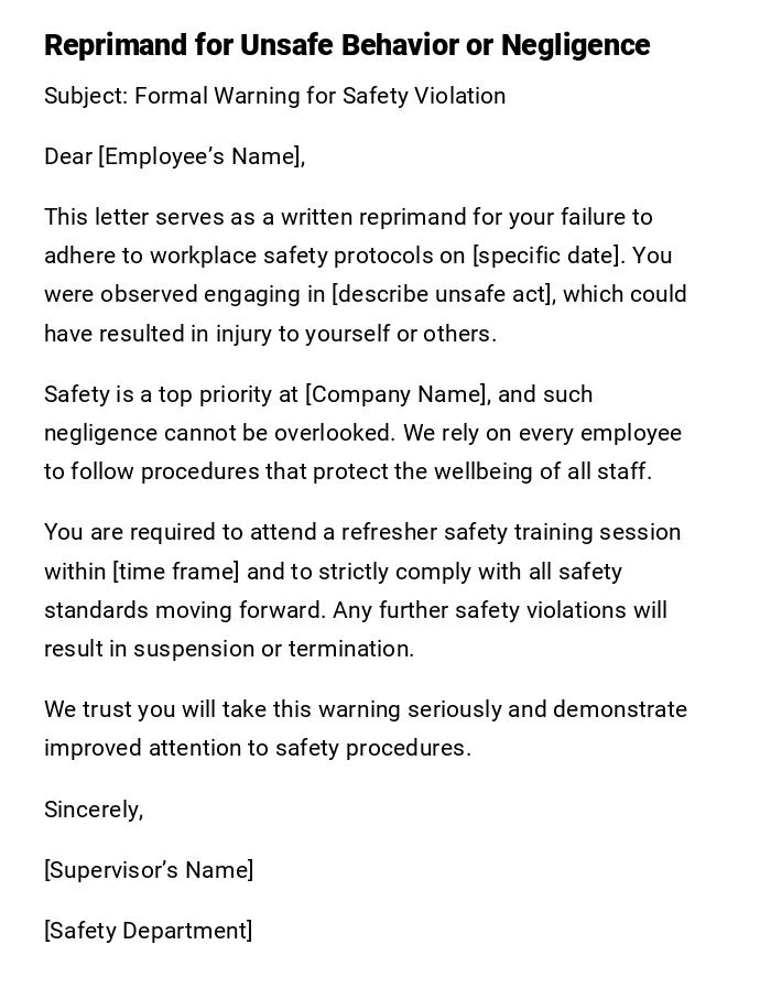 Reprimand for Unsafe Behavior or Negligence Reprimand for Unsafe Behavior or Negligence