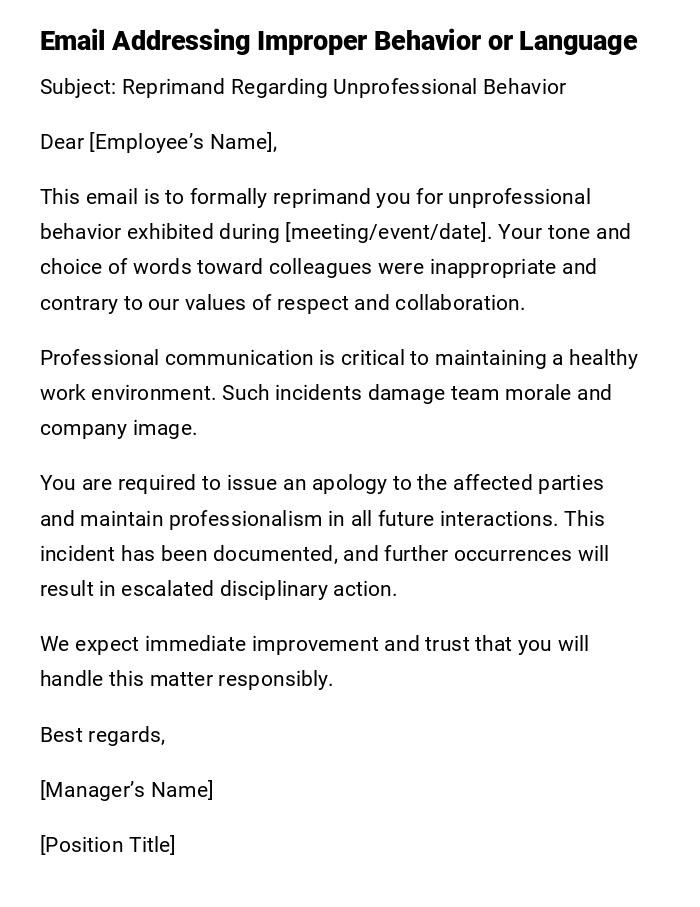 Email Addressing Improper Behavior or Language Email Addressing Improper Behavior or Language