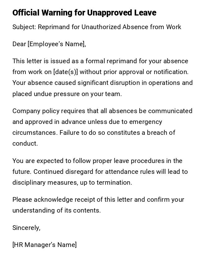 Official Warning for Unapproved Leave Official Warning for Unapproved Leave