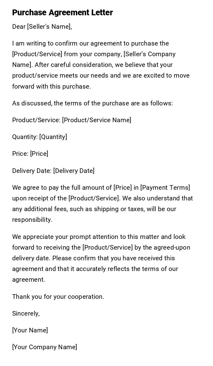 Purchase Agreement Letter