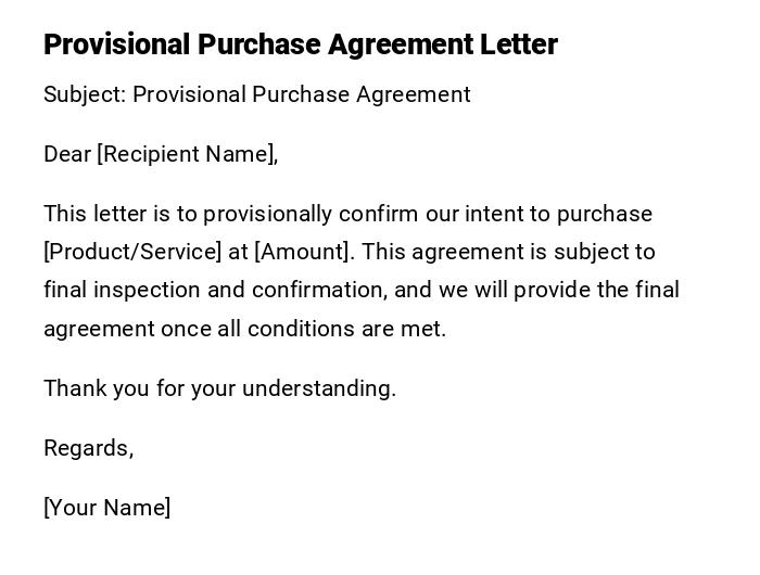Provisional Purchase Agreement Letter Provisional Purchase Agreement Letter
