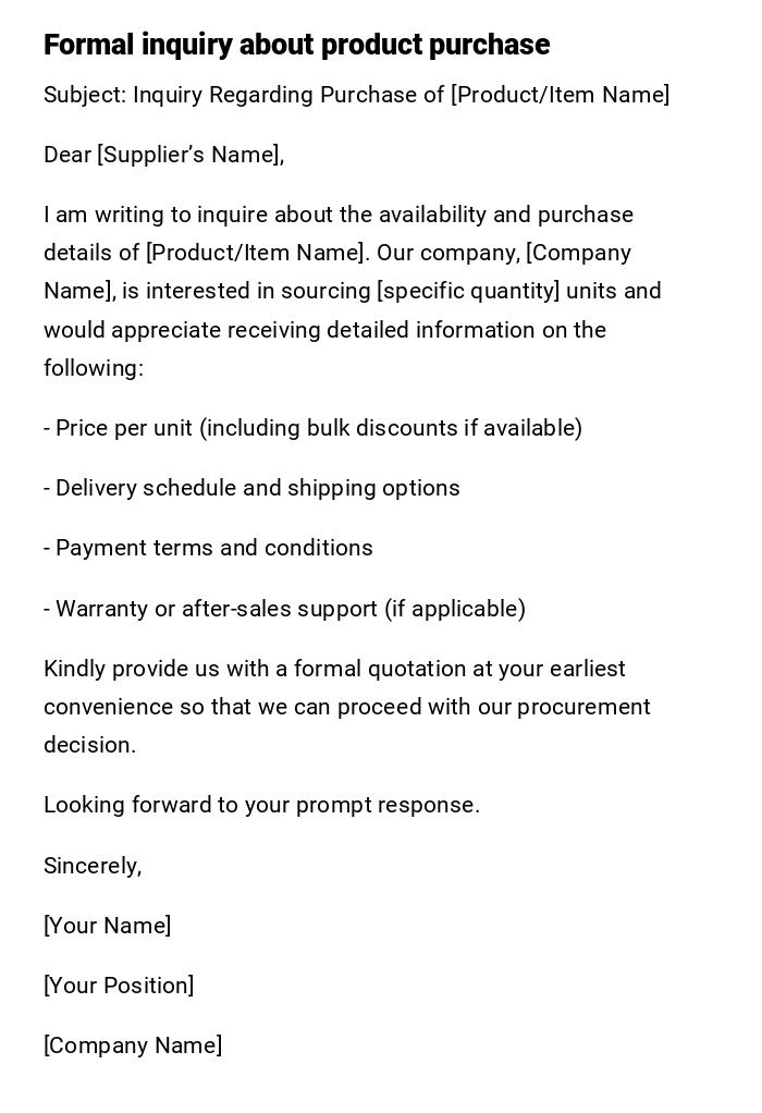 Formal inquiry about product purchase