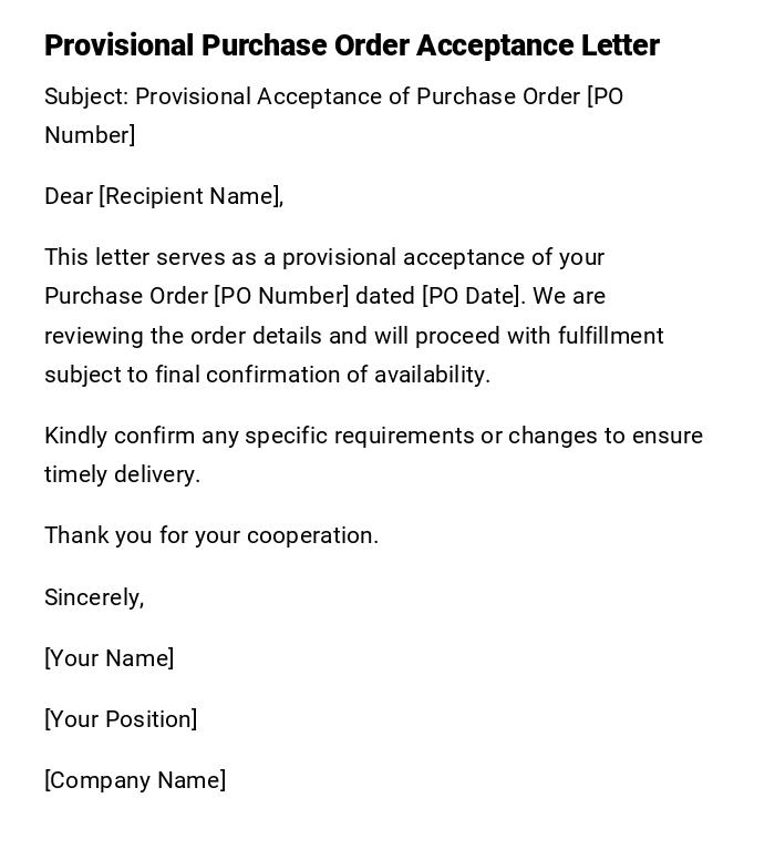 Provisional Purchase Order Acceptance Letter
