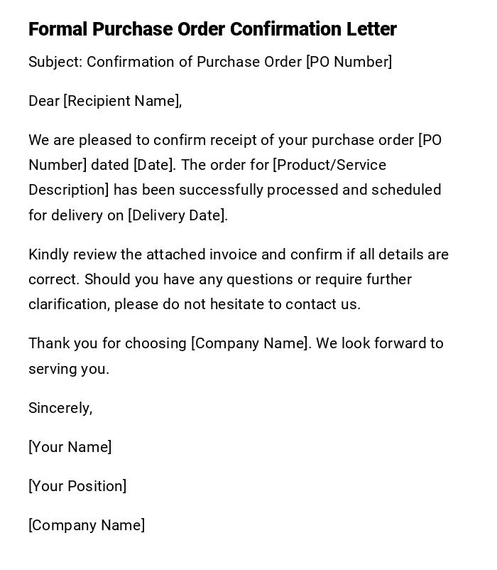 Formal Purchase Order Confirmation Letter