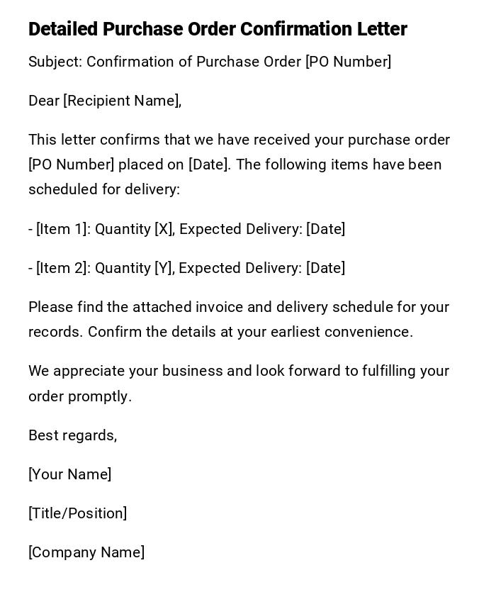 Detailed Purchase Order Confirmation Letter